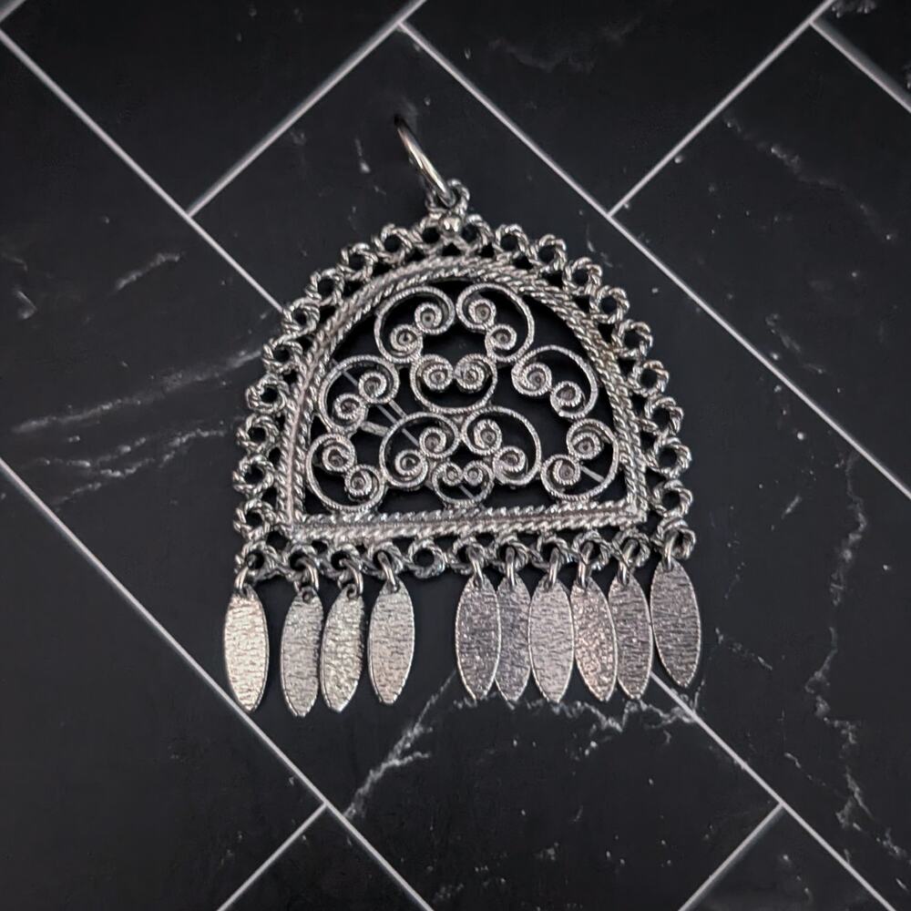 Vintage Pendant Large Ornate Silver Tone - No Chain Included - Dangle Missing